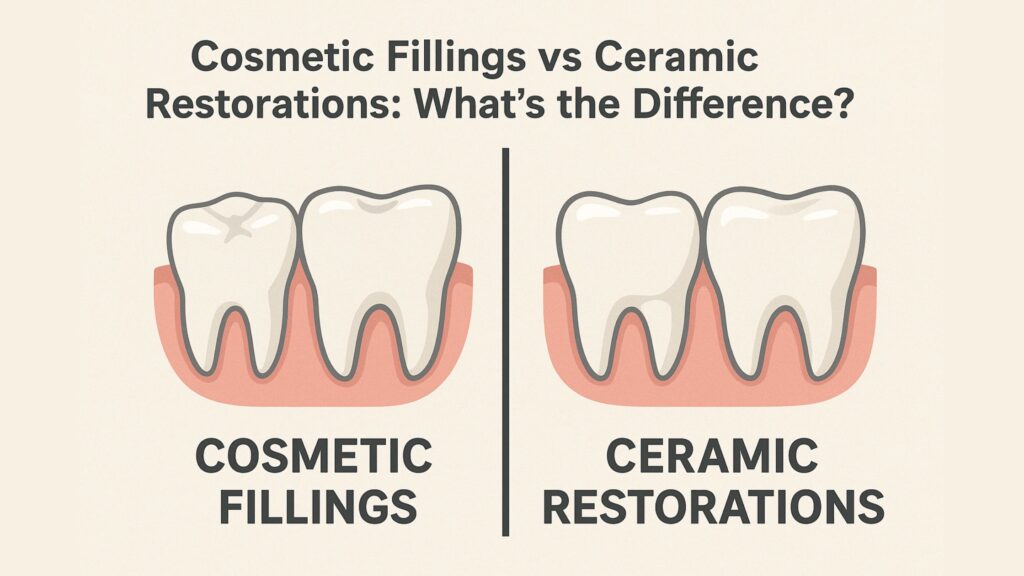 Side-by-side view comparing cosmetic filling and ceramic restorations on teeth