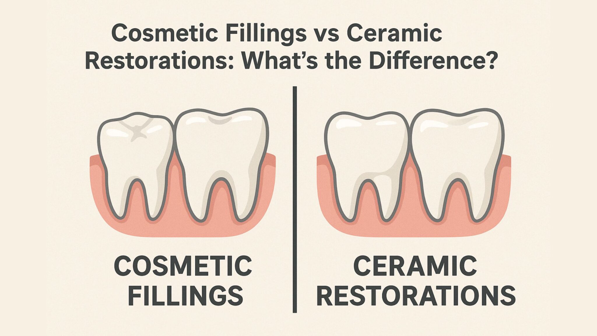 Side-by-side view comparing cosmetic filling and ceramic restorations on teeth