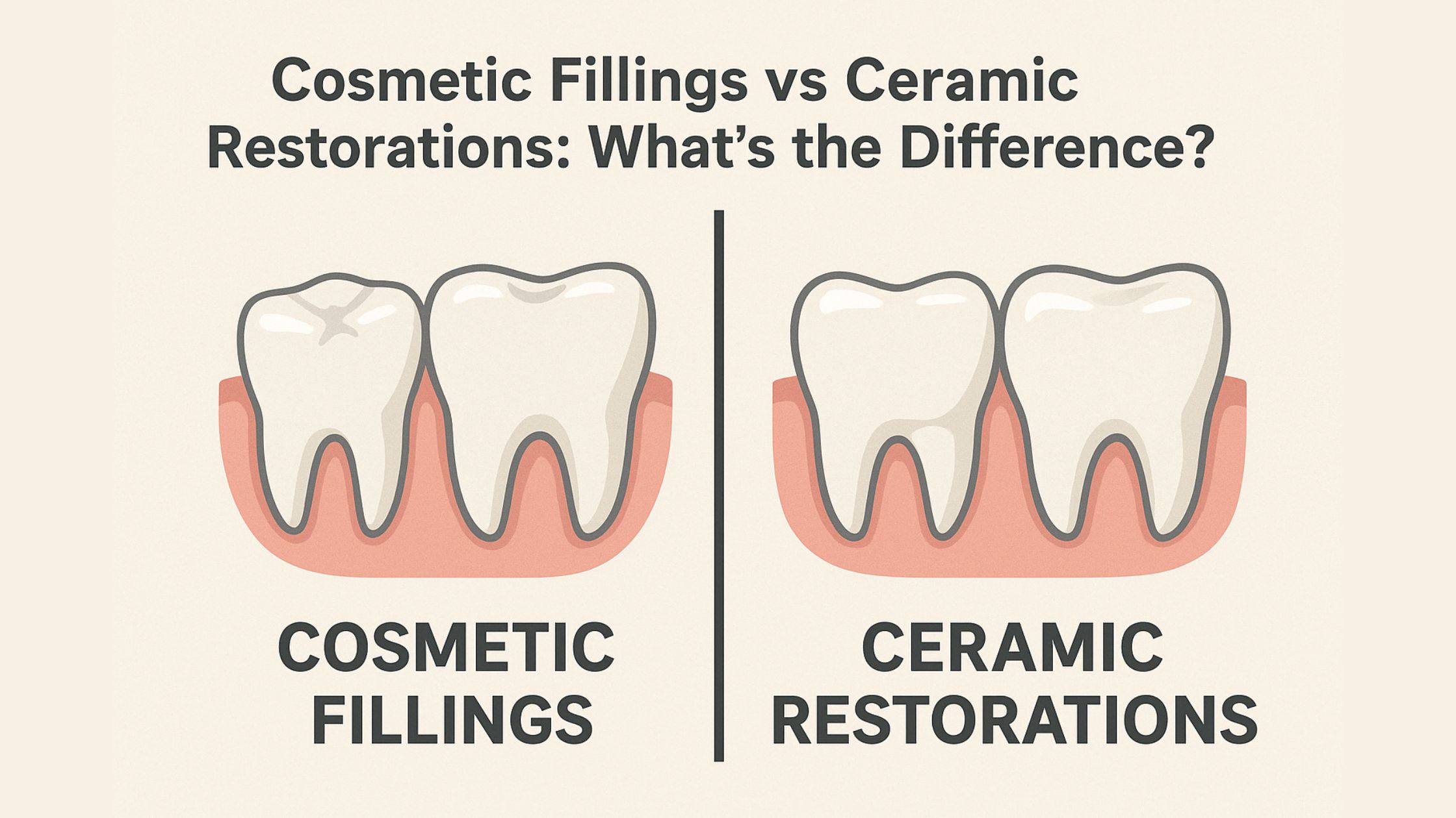 Side-by-side view comparing cosmetic filling and ceramic restorations on teeth