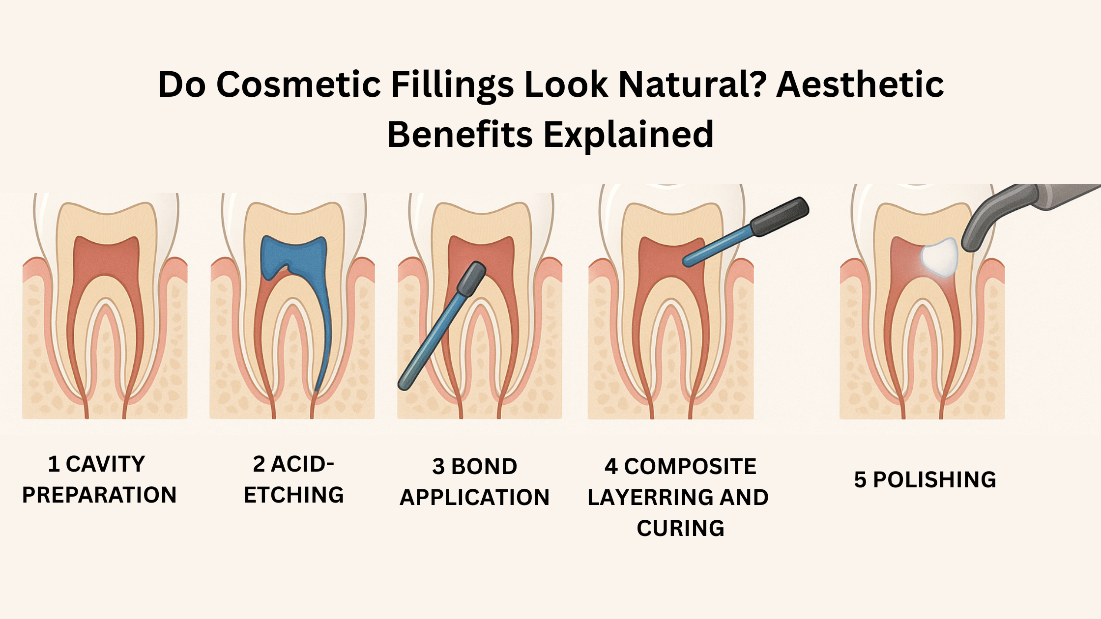 Close-up comparison of natural-looking cosmetic dental fillings before and after treatment